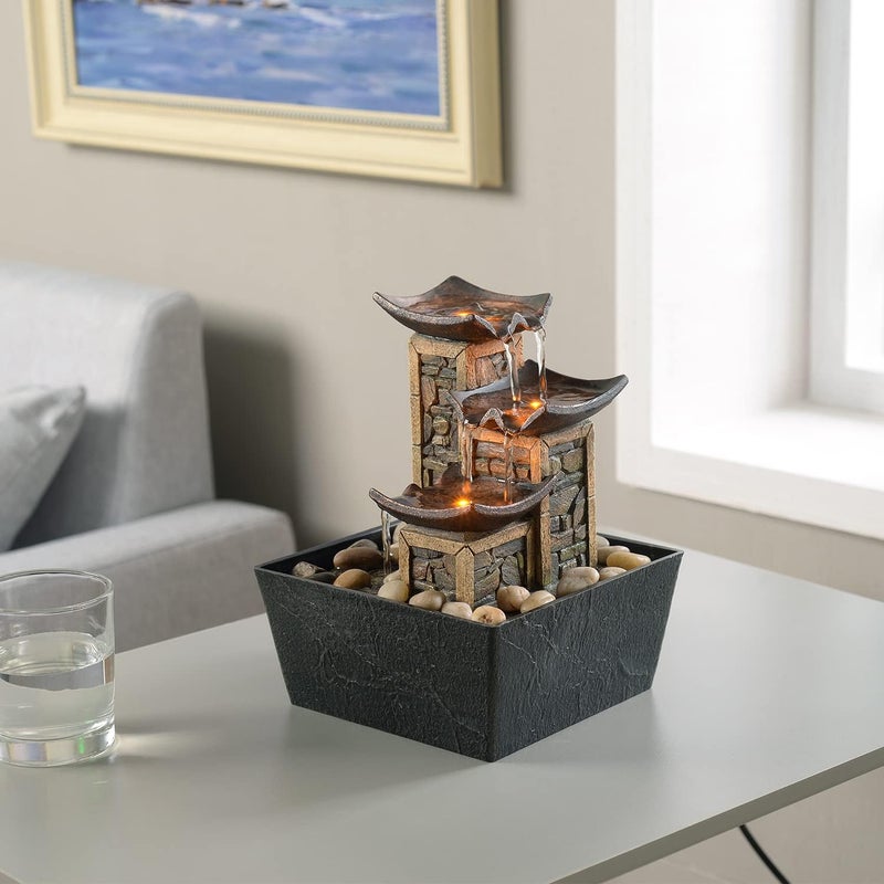 GOSSI Indoor 3-Tier Relaxation Tabletop Fountain Simulation Stone Pillar Water Fountain Soothing Sound Meditation Fountain with Natural River Rocks and Reflective Lighting Feature - Image 2